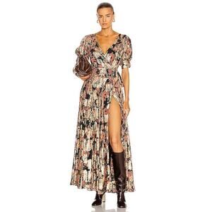 [Hemant & Nandita] Sion Maxi Wrap Dress Metallic Gold Puff Sleeves V-Neck Sz XS